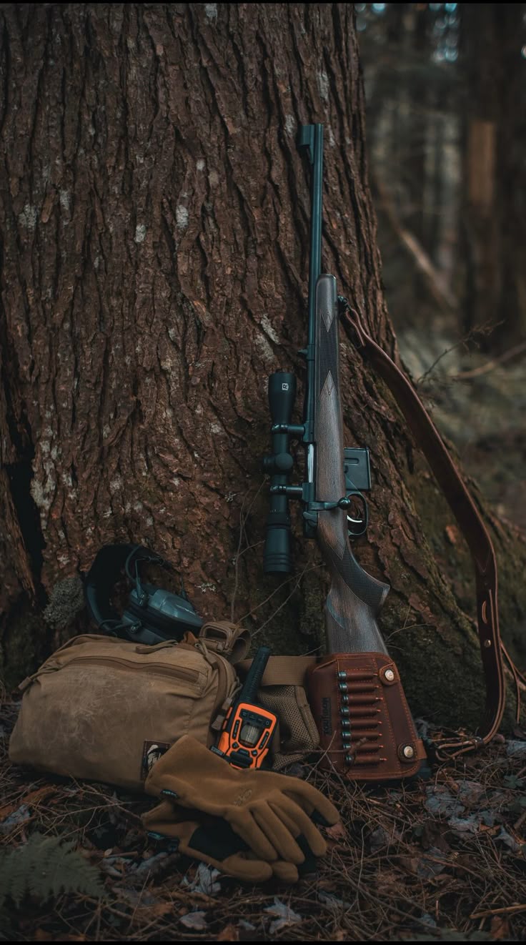 Hunting rifle and gear in a Swedish forest